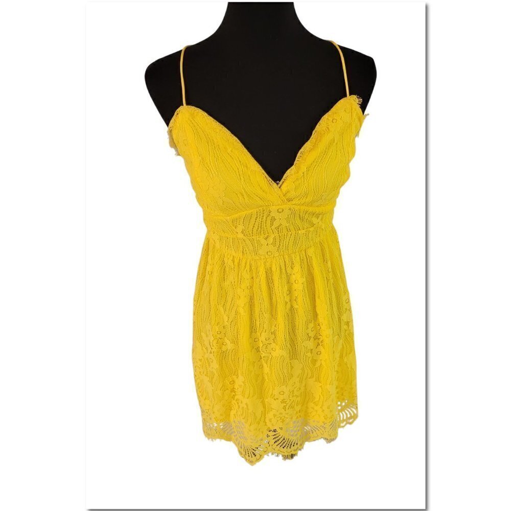 Aooksmery Bright Canary Yellow Strap Lace Lined Dress Size Small NWT